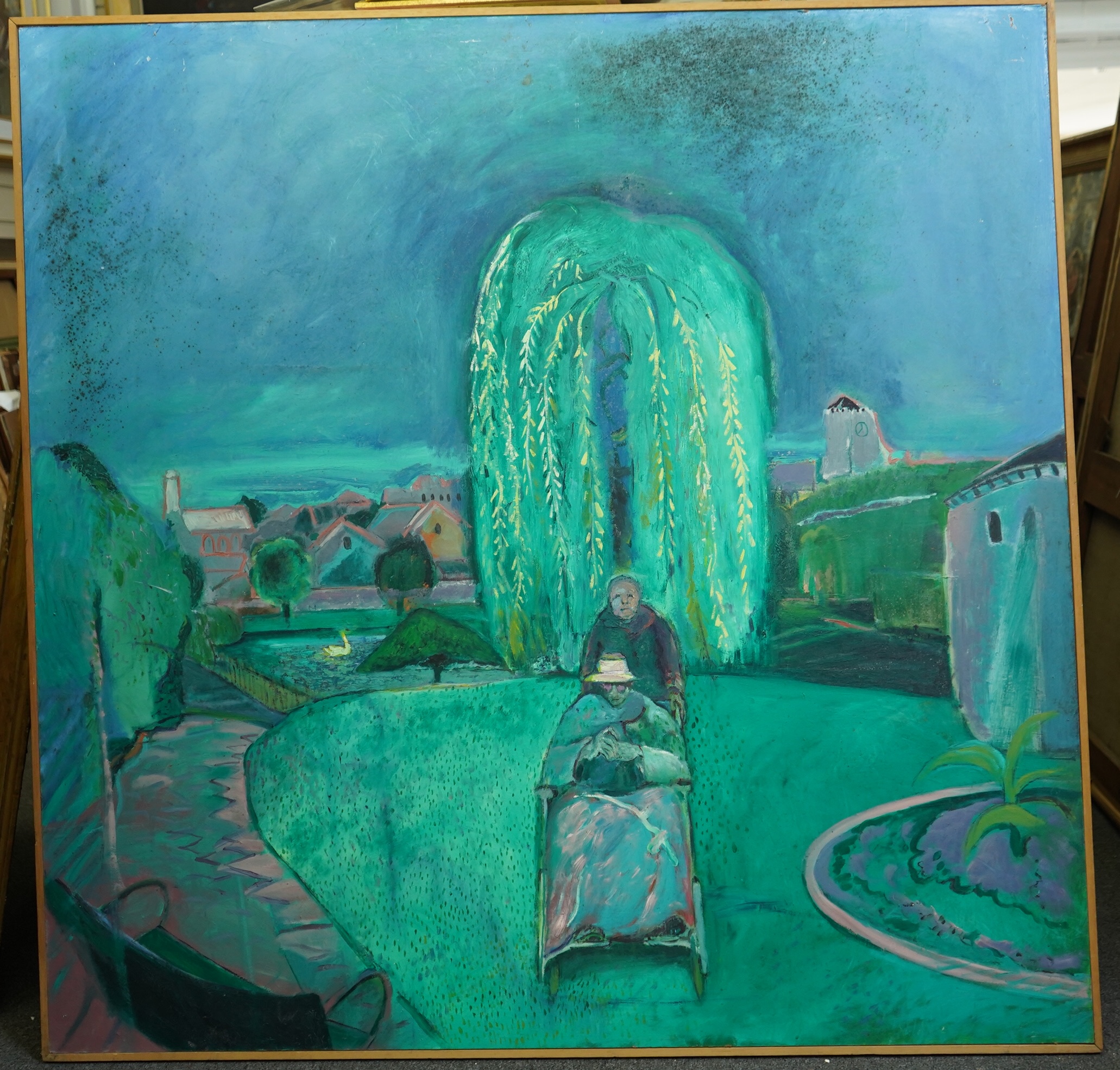 Harold Mockford (English, 1932-2023), oil on board, ‘The Outing’, signed verso and dated 1976, 122 x 122cm. Condition - fair